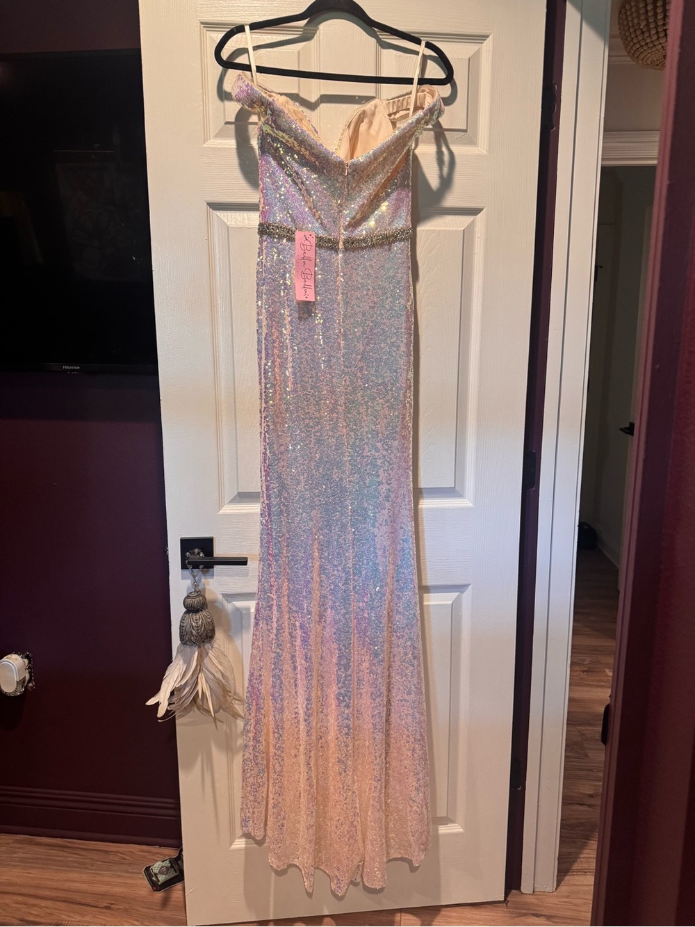 Iridescent Off-Shoulder Sequin Evening Gown - Pink - Picture 4 of 5